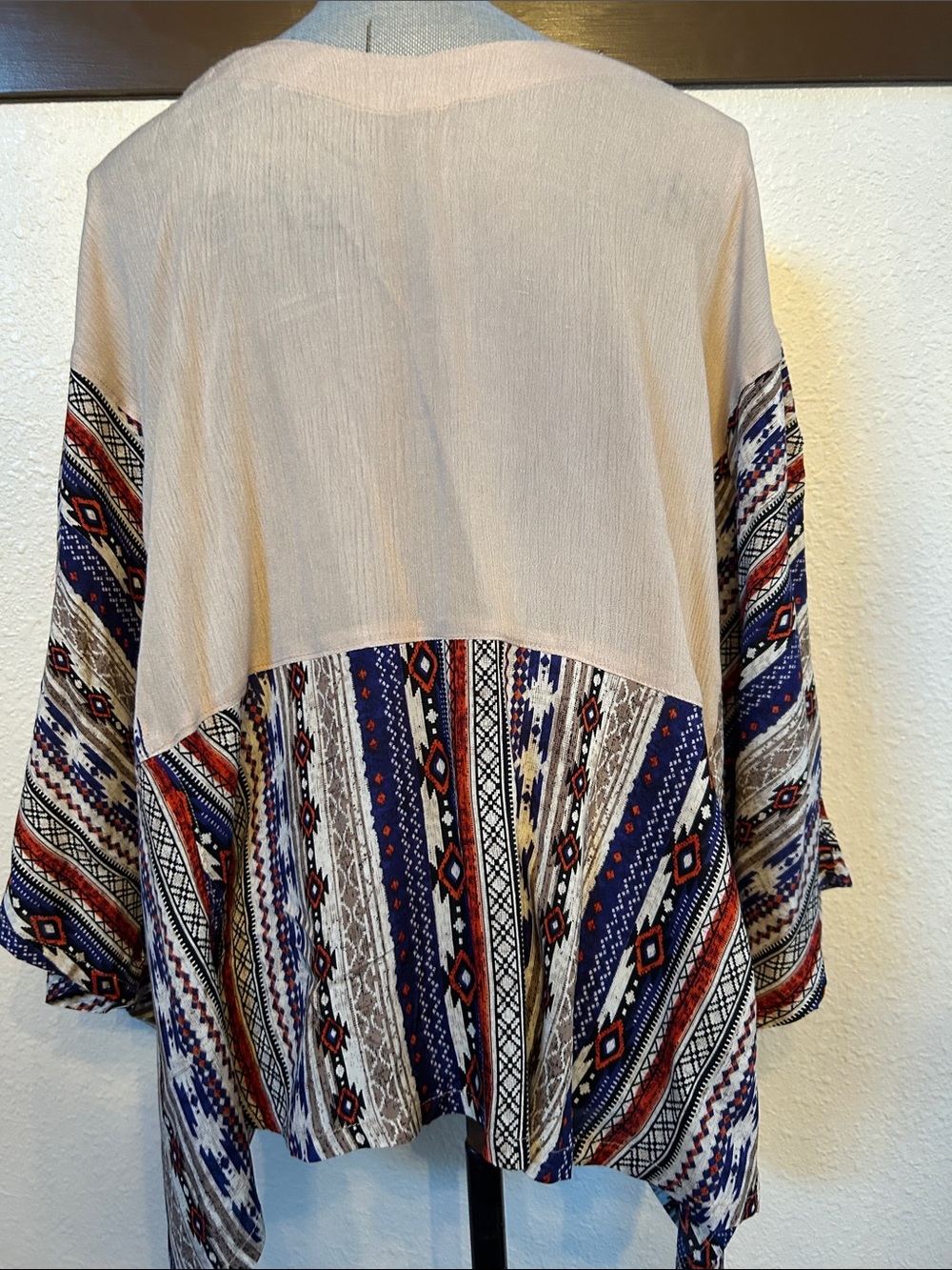 Beige V-Neck Boho Blouse with Patterned Sleeves - Picture 3 of 4